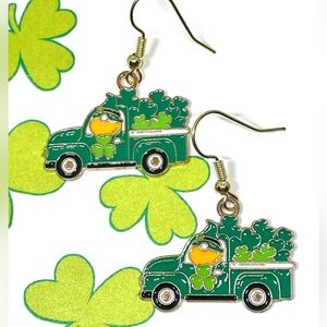 St. Patrick’s Day Leprechaun Gnome Shamrock Clover Pickup Truck Enamel Earrings